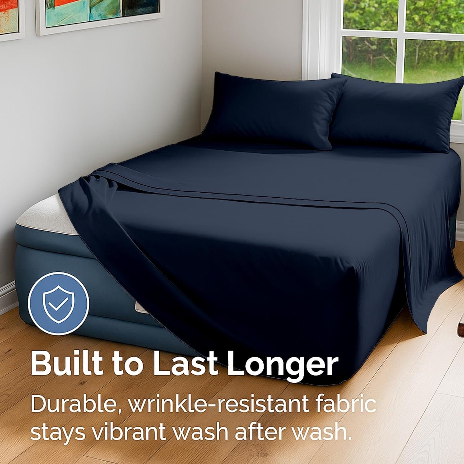 4 Piece Air Mattress Sheets Set, King Sheet Sets, Deep Pocket Up 16 to 24 Inches, Inflate at Any Time, 100% Egyptian Cotton, With Pump Opening, Convenient, Easy to use, King Size, Navy Blue Solid