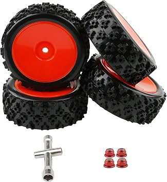 4pcs 12mm Hex Hard Dish Wheel and Tyre for 1/10th On Road Street Touring Rally Racing Car Kyosho Tamiya Traxxas HPI etc, with Lock Nuts & Wrench Replacement Parts, Red