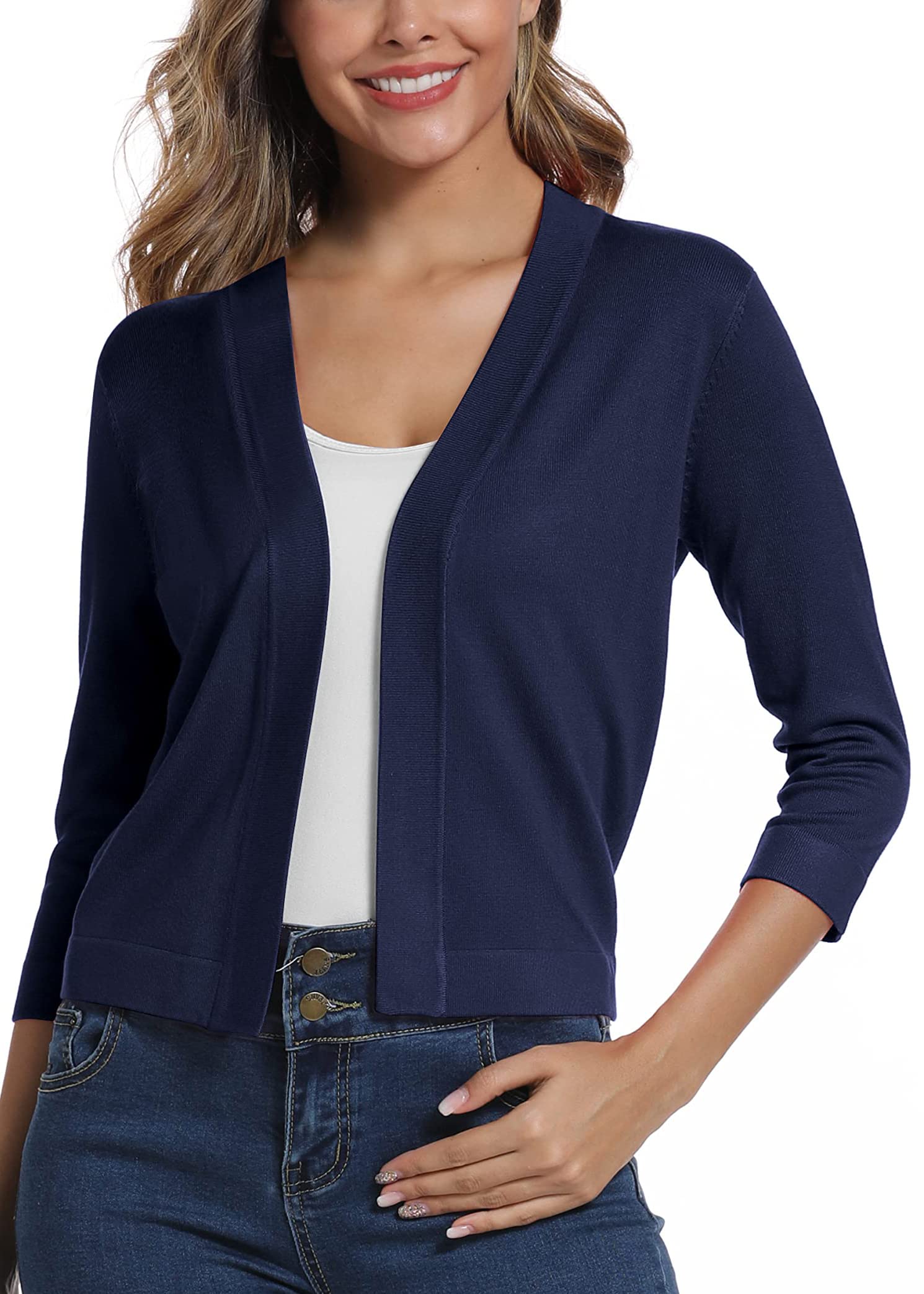 Damen 3/4 Ärmel Open Front Bolero Strickjacke Shrug Solid Cardigan Top