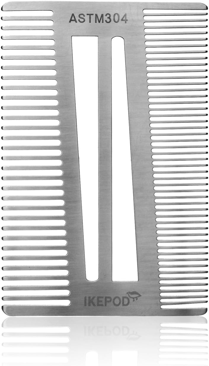 Pocket Size Stainless Steel Beard Comb - Credit Card Size EDC Metal Wallet Comb for Trimming or Shaping Mustache and Beard Hair by IKEPOD