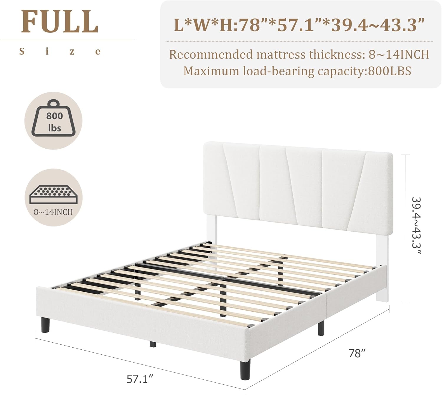 Full Size Bed Frame with Adjustable Headboard, Linen Upholstered Full Platform Bedframe with Strong Wooden Slats, Mattress Foundation, No Box Spring Needed, Easy Assembly