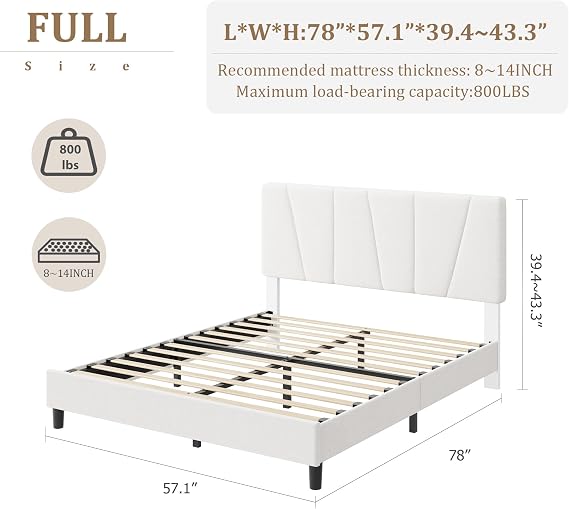 Full Size Bed Frame with Headboard Adjustable, Linen Upholstered Full Platform Bed with Headboard, Mattress Foundation with Wooden Slats, No Box Spring Needed, Easy Assembly, Beige/Cream