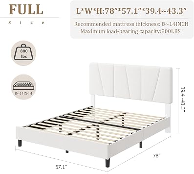Full Size Bed Frame with Headboard Adjustable, Linen Upholstered Full Platform Bed with Headboard, Mattress Foundation with Wooden Slats, No Box Spring Needed, Easy Assembly, Beige/Cream