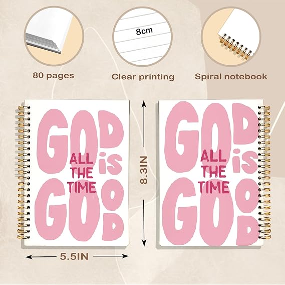 Pink Christian Spiral Notebook Journal, God is Good All The Time Bible Verse Scripture Journal for Women, Christian Gifts for Women, Religious Prayer Notebooks, 5.5x8.3 Inch