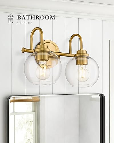Vista 86 de AD-22280-2W-SN - Lámpara de tocador de baño de 2 luces, níquel cepillado con pantalla de vidrio transparente, luz de tocador de baño de granja sobre