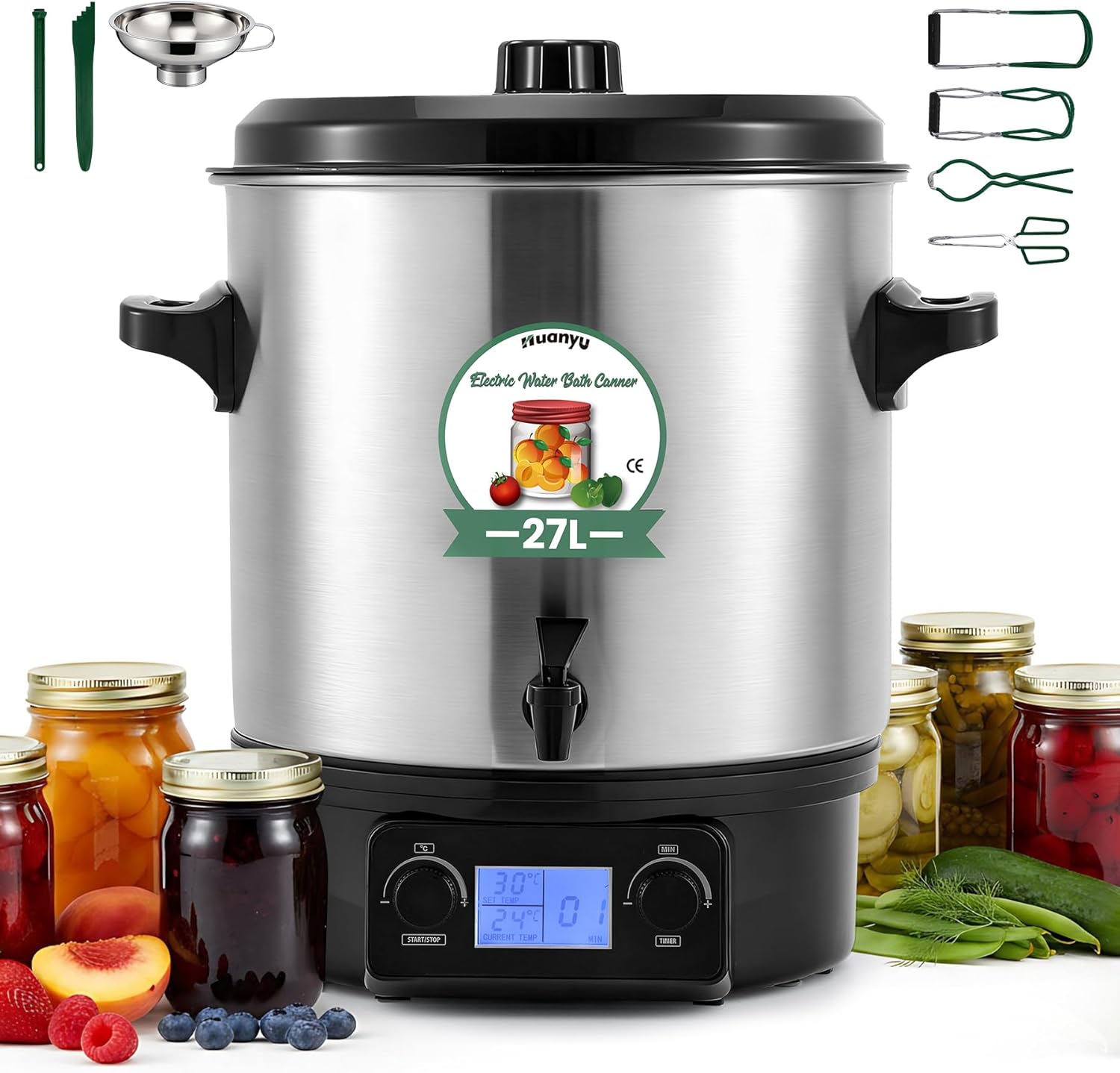 Huanyu Electric Water Bath Canner Automatic 28.5QT Canning Pot 2000w Adjustable Temp&Timer Digital Control with Drain Tap Includes Jar Lifter, Funnel for Preserving Canned Food, Jam, Sauce, Soup