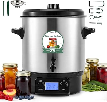 Huanyu Electric Water Bath Canner Automatic 28.5QT Canning Pot 2000w Adjustable Temp&Timer Digital Control with Drain Tap Includes Jar Lifter, Funnel for Preserving Canned Food, Jam, Sauce, Soup