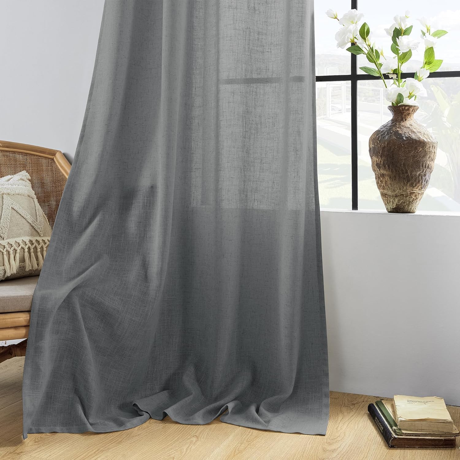 CUCRAF Zasłony lniane na przelotkach, zestaw 2 sztuk, wys. 245 x szer. 140 cm, szare, półprzezroczyste, do salonu, o wyglądzie lnu, woal, kolor lnu, do sypialni
