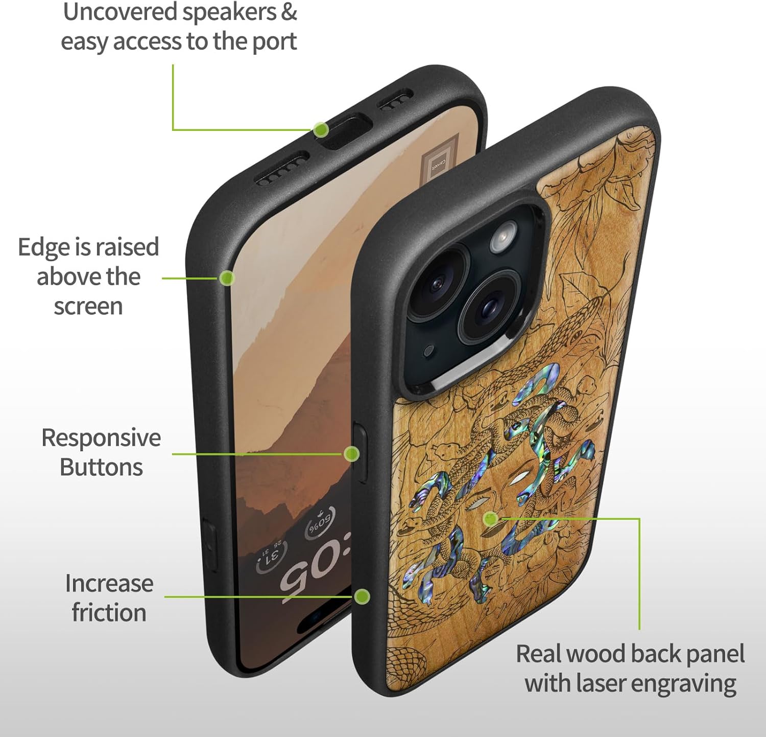 Carveit Wooden Case for iPhone 15 Plus Magnetic Case, Compatible with MagSafe Wireless Chargers, Shockproof Cover, Handmade Shell Inlaid & Wood Artisan Engraved (The Medusa Enigma) Cherry