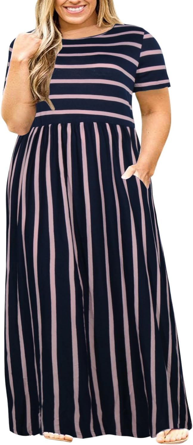 Nemidor Plus Size Maxi Dresses for Curvy Women Summer Casual Loose Short Sleeve Long Beach Dress with Pocket