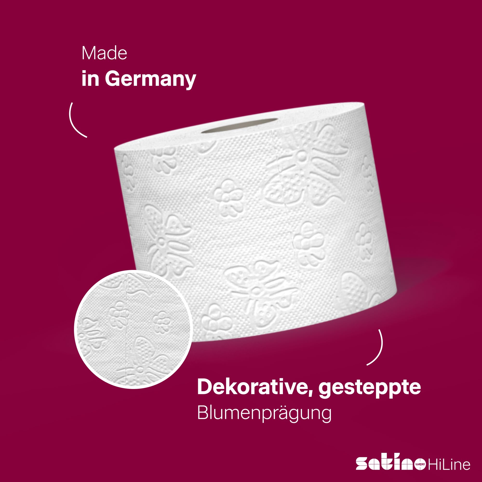 128 Rollen Toilettenpapier 3-lagig – aus 100% Zellstoff - Made in Germany - 16 Packs á 8 Rollen á 150 Blatt – für Zuhause, Hotels, Gastronomie, Gewerbe, Industrie - Satino