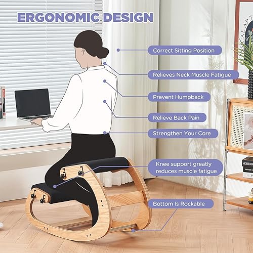 Miniatura 21 de Silla ergonómica, mecedora ajustable para oficina en casa, silla de oficina de madera para aliviar el dolor de espalda, gris