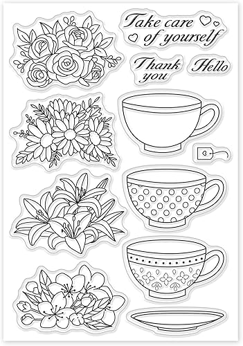 Miniatura 7 de GLOBLELAND Sellos transparentes de taza de té y flores, sellos de silicona con palabras de deseo, sellos de goma transparente para hacer tarjetas,