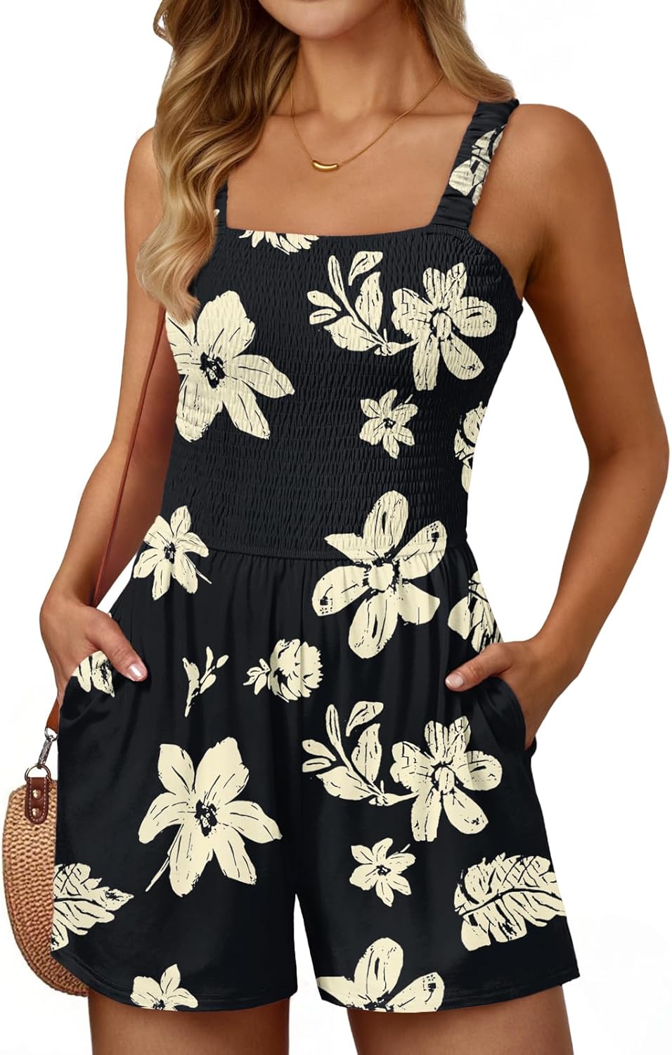 AUTOMET Rompers for Women Summer Vacation Beach Outfits Casual Loose Square Neck Shorts Jumpsuits Overalls 2026 Resort Wear