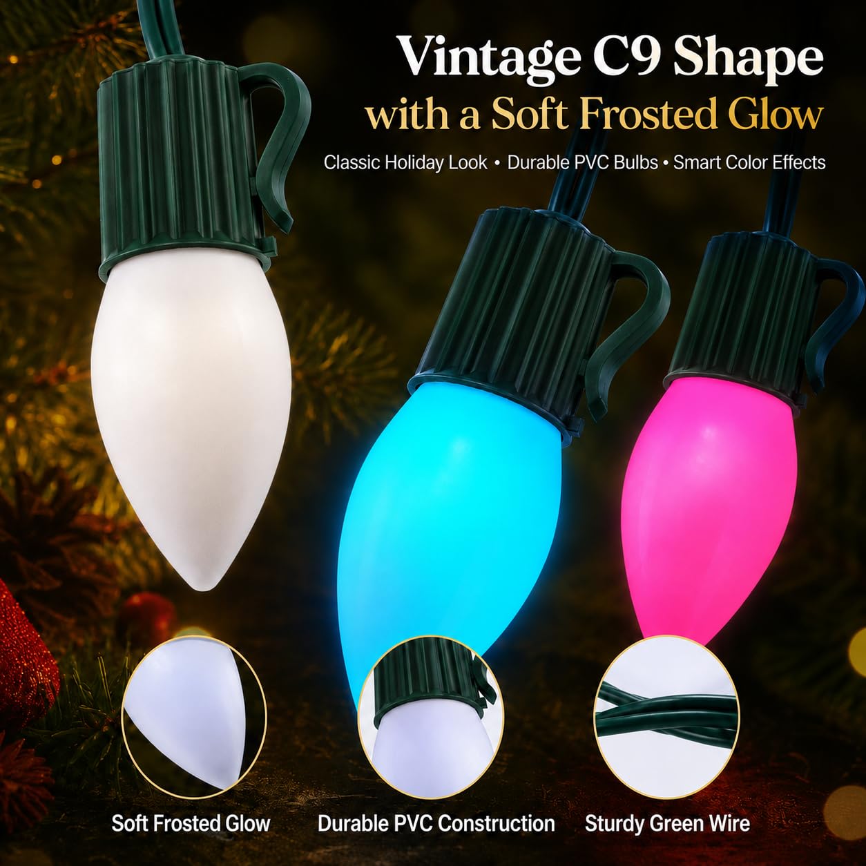 Probro Smart C9 - Luci natalizie a LED per esterni, 25 m, 150 LED, stile vintage, con telecomando, 105+ modalità, impermeabilità IP65, collegabili, sincronizzazione musicale per albero di Natale