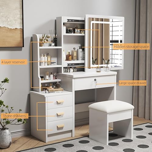 Miniatura 2 de Escritorio de maquillaje, mesa de tocador, tocador de maquillaje con espejo con múltiples cajones 4, escritorio de maquillaje con luces, 3 modos de