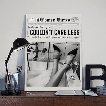 9W Black And White Trendy Newspaper Poster Art Print I Couldnt Care Less 2 Vintage Women Times Newspaper Wall Art Decor For Bar Cart Women Or Girl Dorm Room Bedroom Living Room