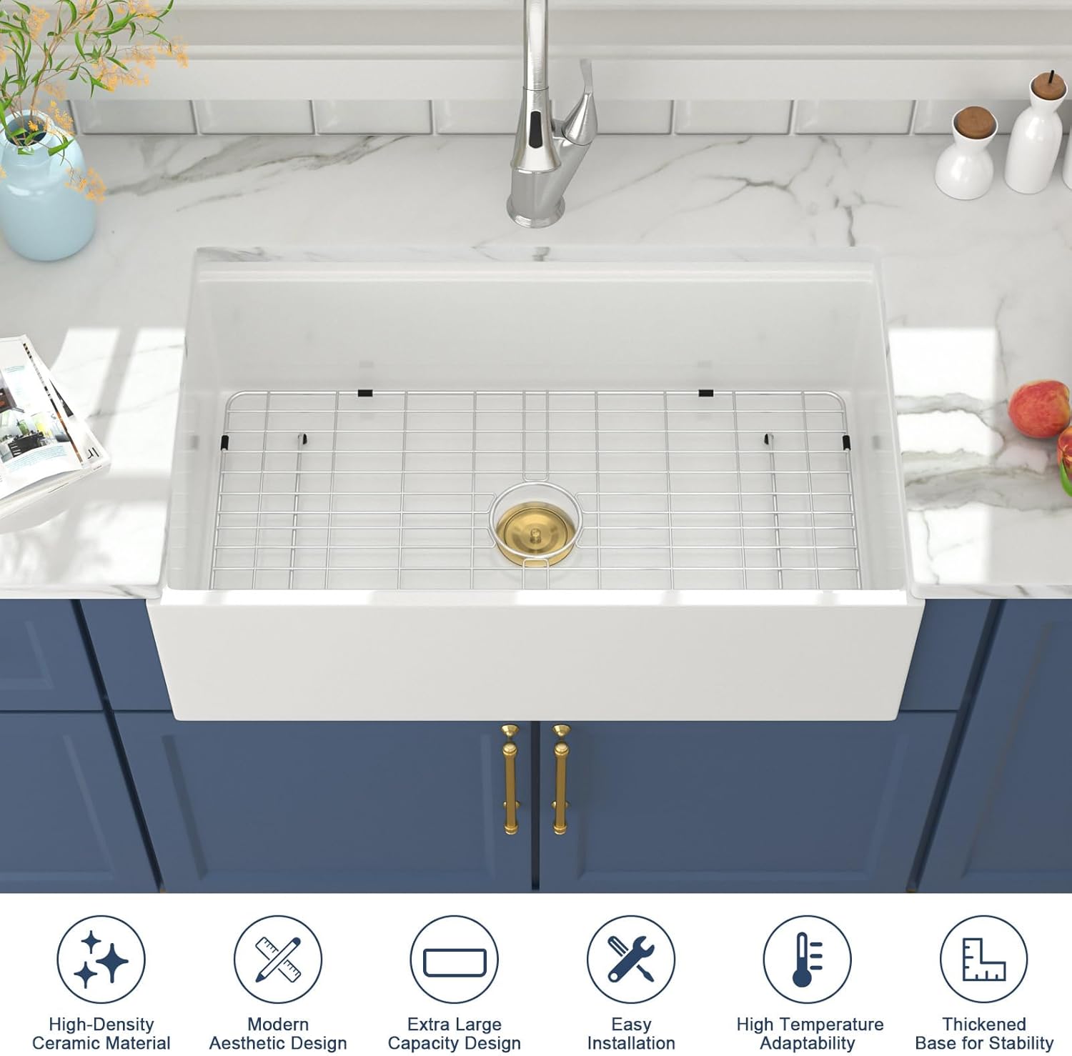 Lordear White Farmhouse Kitchen Sink 33x20x10 Inch Single Bowl White Workstation Kitchen Sinks Apron Front Fireclay Porcelain Ceramic 33 Inch Farm Sink