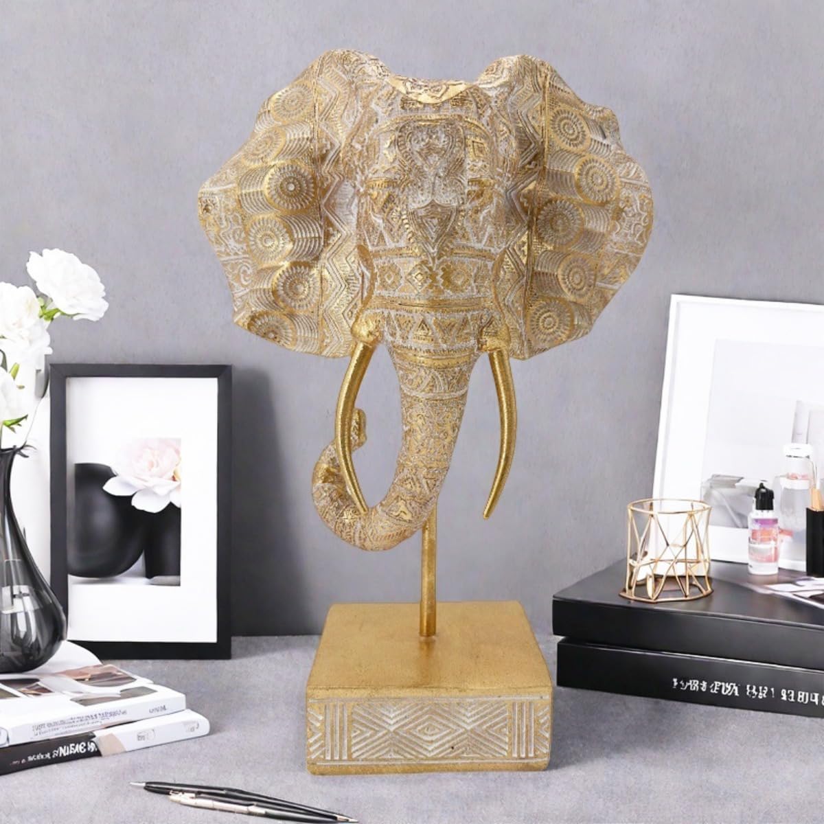 Statuetta in resina a forma di testa di elefante portafortuna in stile nordico, decorazione creativa per la casa, per soggiorno, ingresso e Feng Shui