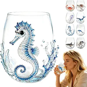 Artisanal Blue Ringed Octopus Glassware, 3D Octopuses Stemless Wine Glasses, Handcrafted Marine Animal Bar Glass for Coastal Home Decor Ocean Lovers (Seahorse-A)