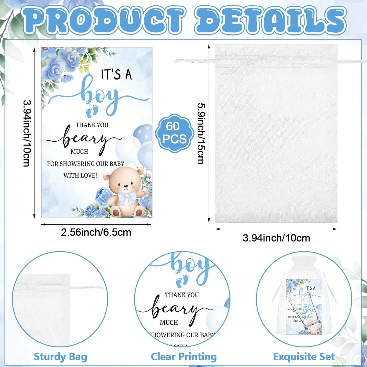 60 Sets Bear Baby Shower Shot Glasses We Can Bearly Wait Clear Acrylic Shot Glasses Boy Girl Theme Baby Shower Favors for Guests with Thank You Card Bag for Gender Reveal Souvenir (Blue)