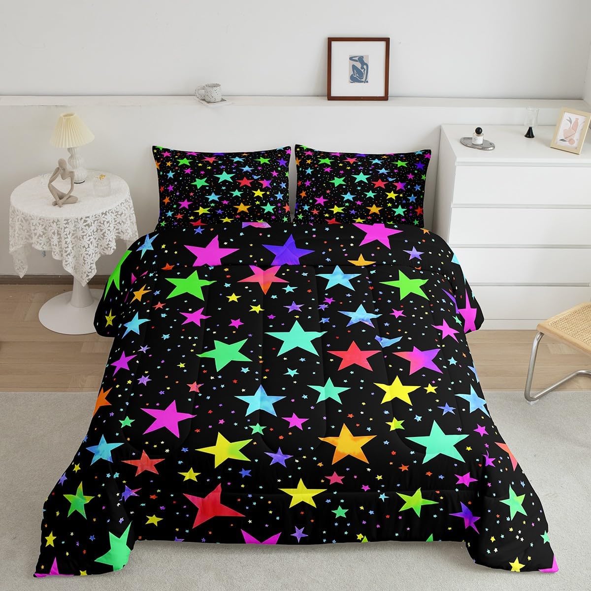 Erosebridal Kawaii Glitter Stars Bedding Sets Queen Rainbow Glowing Star Bedding Comforter Sets Psychedelic Space Cosmos Duvet Colorful Neon Light Star Quilt Comforter Girls Cute Bedding 3pcs Cozy