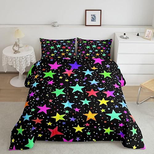 Miniatura 2 de Erosebridal Juego de ropa de cama Kawaii con estrellas con purpurina, diseño psicodélico de estrellas brillantes y arco iris, juego de ropa de cama