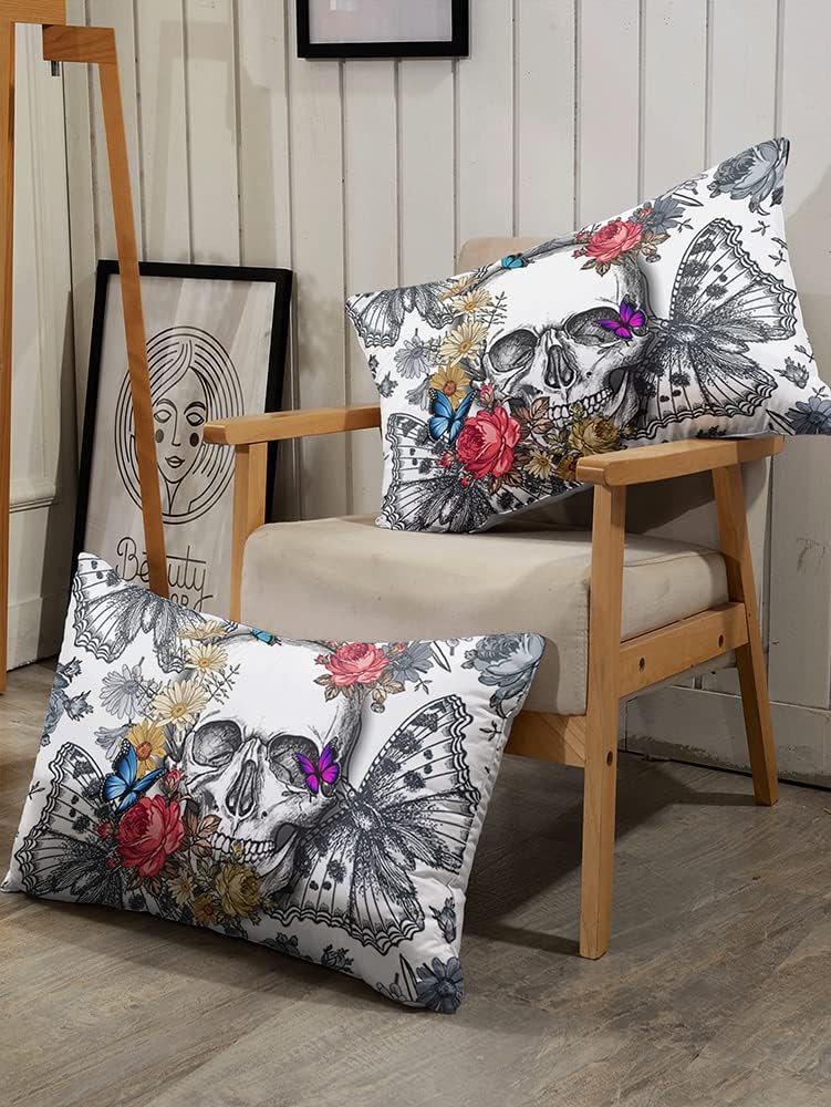 DYcolor 3D Gothic Flower Butterfly Skull Quilt, 3-Piece Flying Skeleton Butterfly Skull Comforter Set with 1 Comforter and 2 Pillow Cases for Kids, Teens, Adults (White, Queen) - Image 5