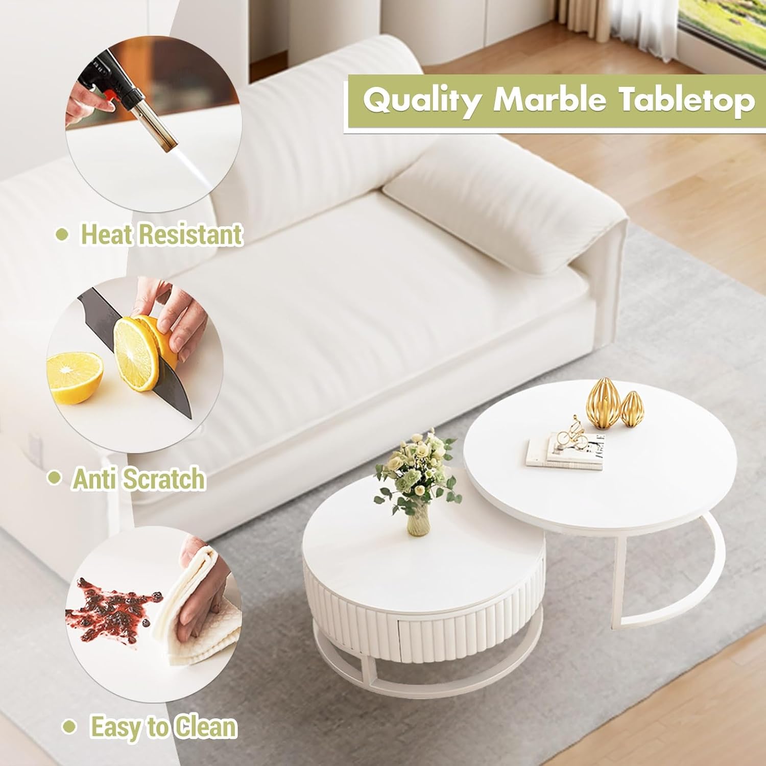 Round Nesting Coffee Table Set of 2 White Marble Coffee Table with Wood Storage Drawer Modern Circle Coffee Tables for Living Room Center Table Mid Century Coffee Table