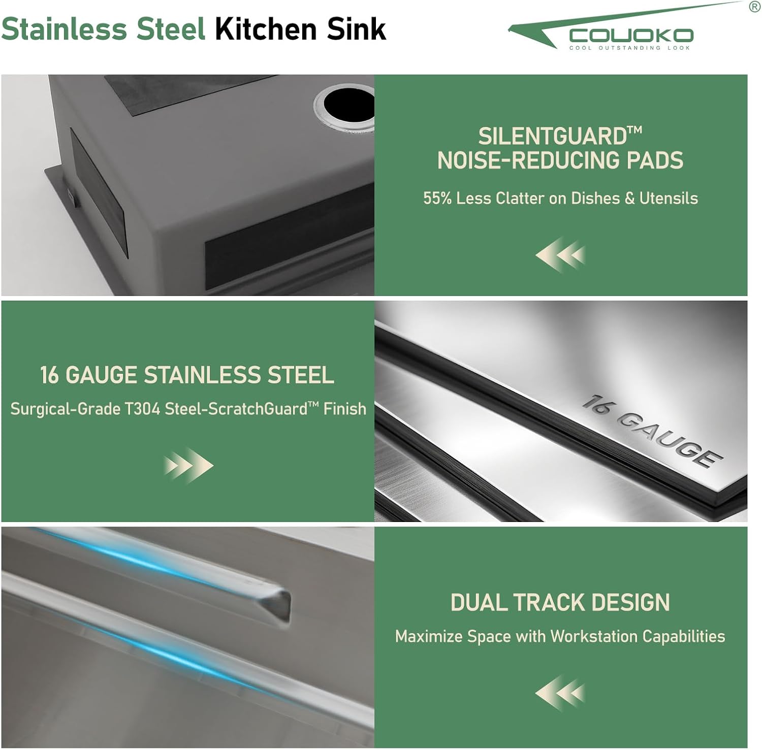 33 Inch Drop In Waterfall Kitchen Sink Workstation Smart 16 Gauge Stainless Steel Single Bowl Waterfall Sinks with Faucet Combo and Cup Washer Set