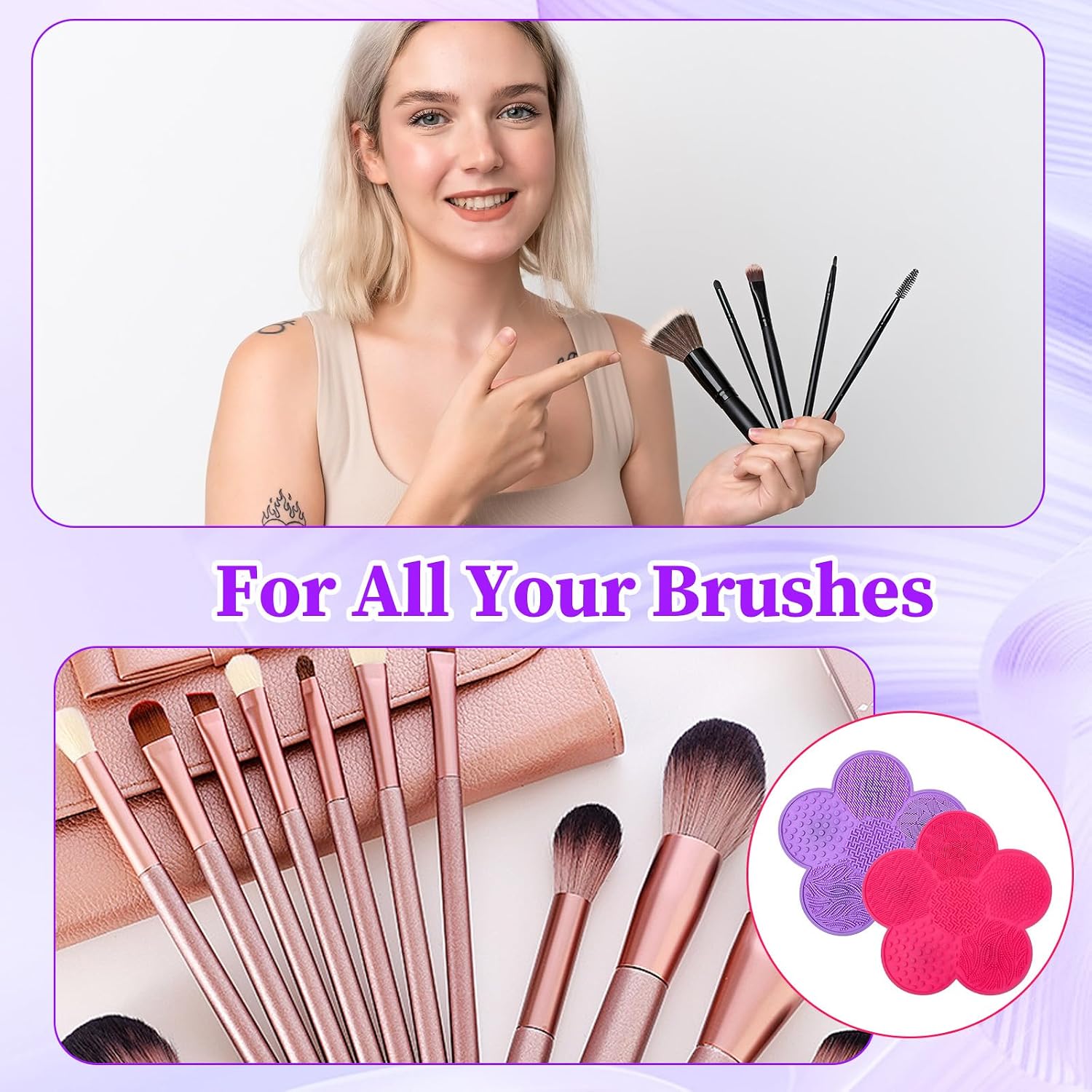 2 Pcs Makeup Brush Cleaning Mat,Silicone Flower Makeup Brush Cleaner Mat,Textured Brushes Cleaner Pad for Daily Deep Cleansing,Gift Sets