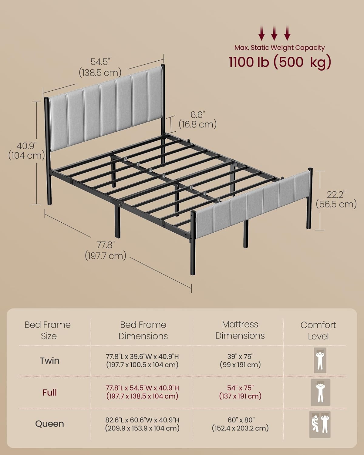 Diagram showing the dimensions of the Full size bed frame and compatible mattress size.