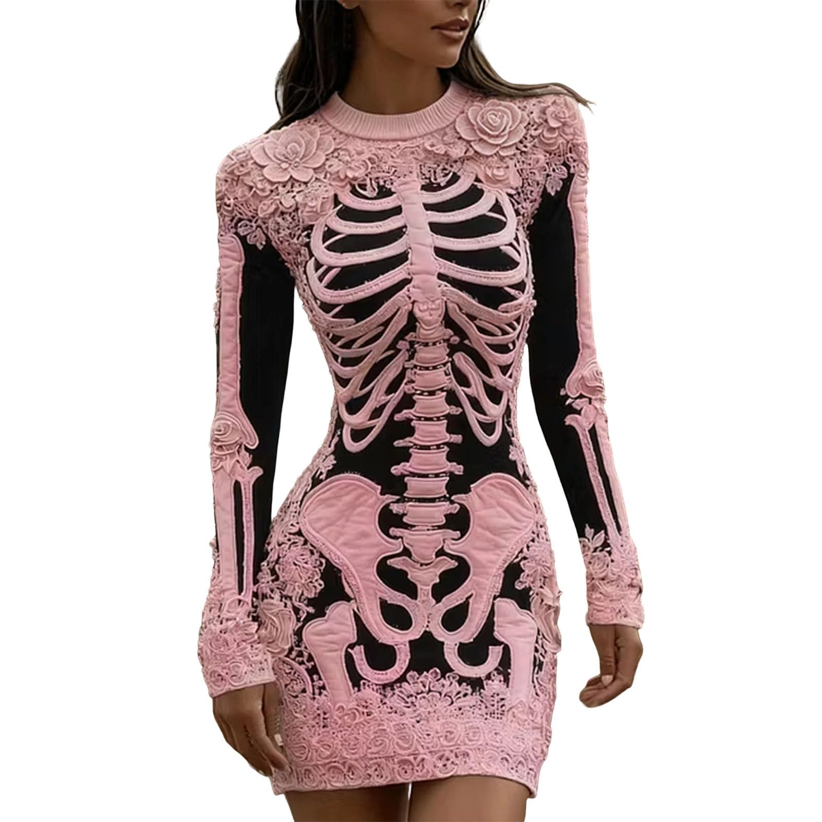 Women Halloween Costume Vintage Long Sleeve Crew Neck Gothic Mini Dress — image 1