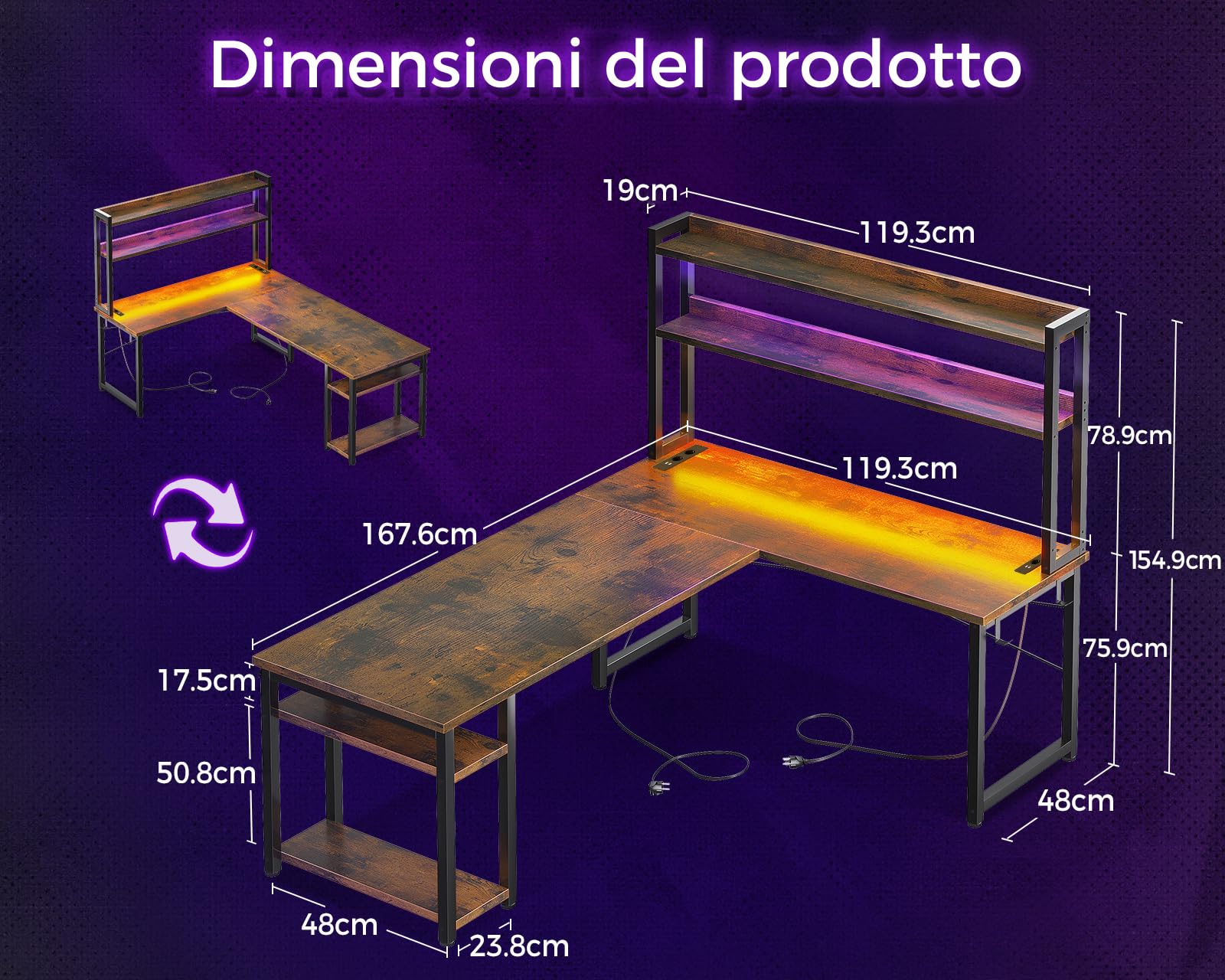 ODK Scrivania Gaming con LED, 168×120 cm Scrivania con Ripiano Reversibile, Scrivania ad L con Prese e Porte USB, Scrivania Gaming Marrone Vintage con Scomparti e Spazio di Archiviazione