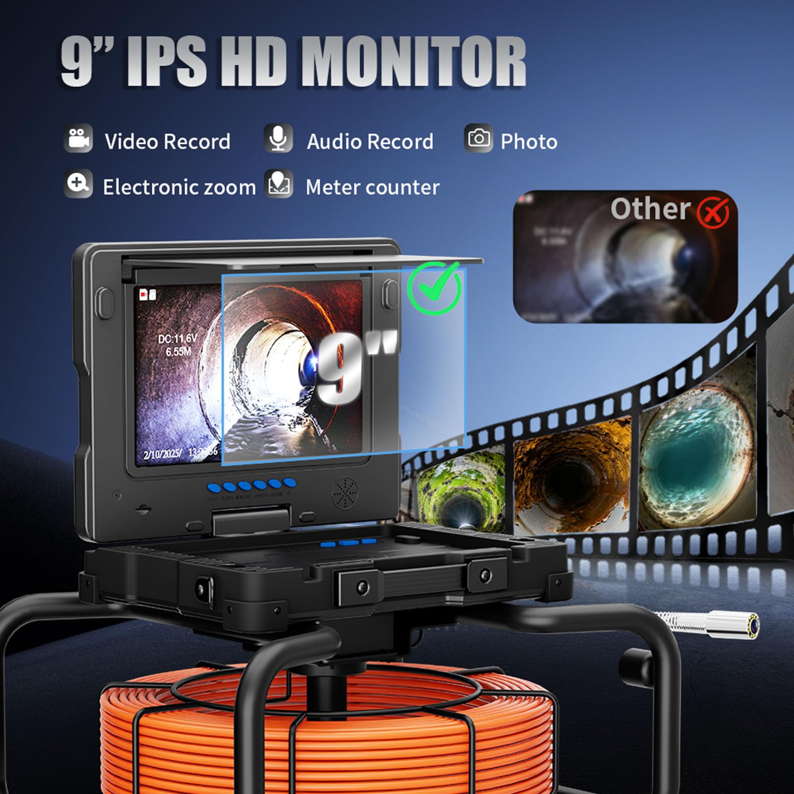 9-calowa Kamera Dvr Do Kanalizacji, Kamery Do Rur Kanalizacyjnych Z Funkcją Samopoziomowania, Kamera Inspekcyjna Z Wężem Hydraulicznym 512 Hz Z 12 Diodami Led, Kamera Inspekcyjna (Size:30M/262FT)