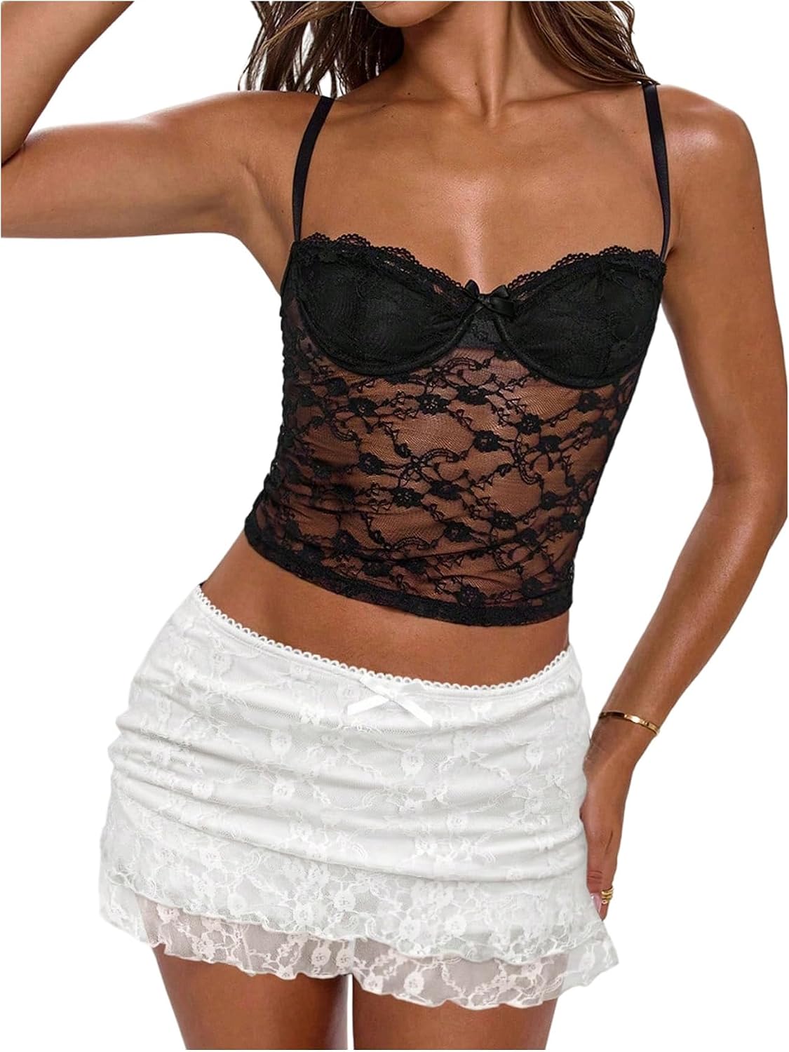 GORGLITTER Women's Y2k Lace Mini Skirt Mesh Sheer Ruffle Tiered Low Rise Shorts Skirts Country Concert Going Out Outfits