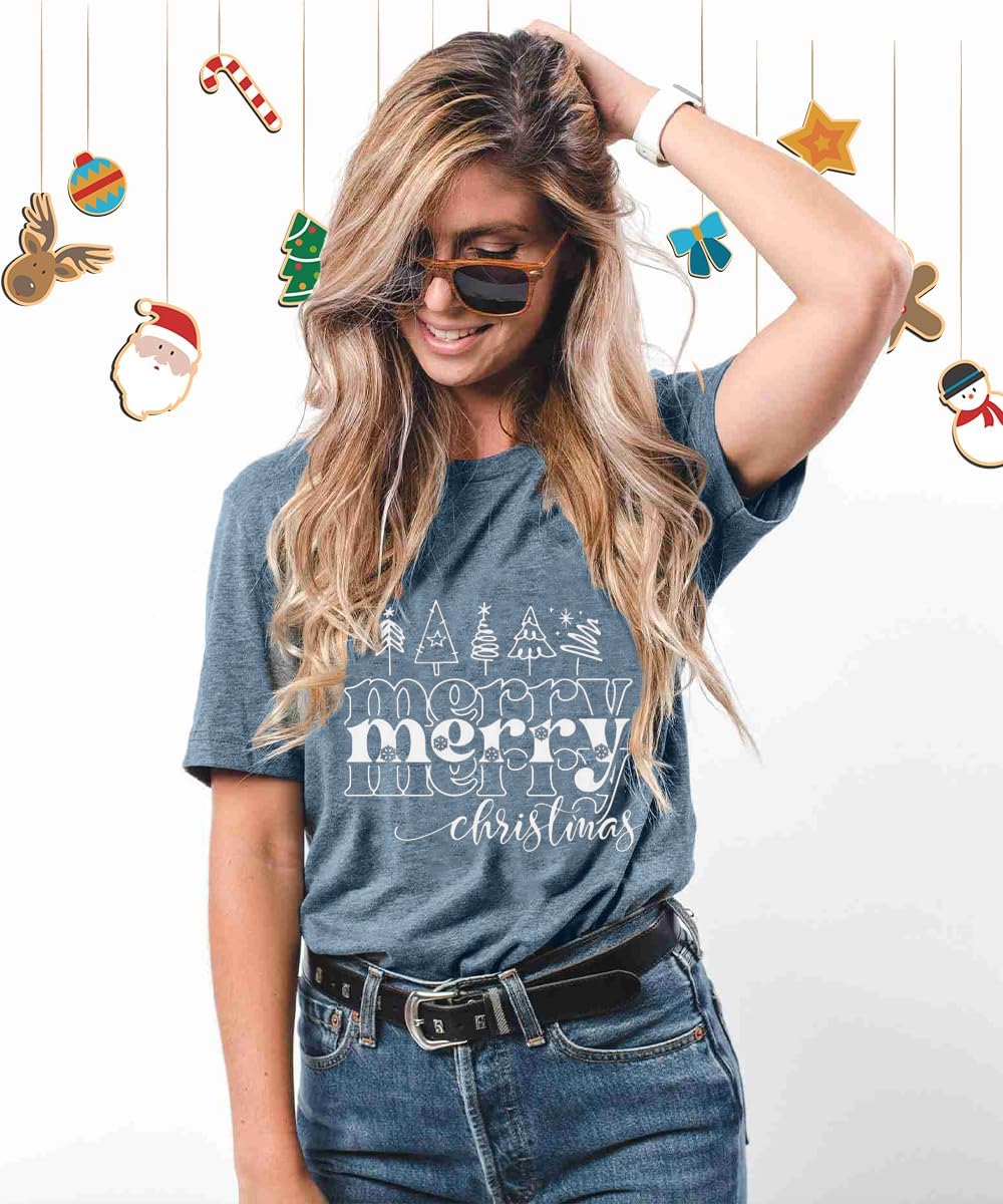 Funny Christmas Shirts for Women Merry Shirt Letter Print Blouse Holiday T Shirt Outfits Casual Short Sleeve Xmas Clothes - Image 2