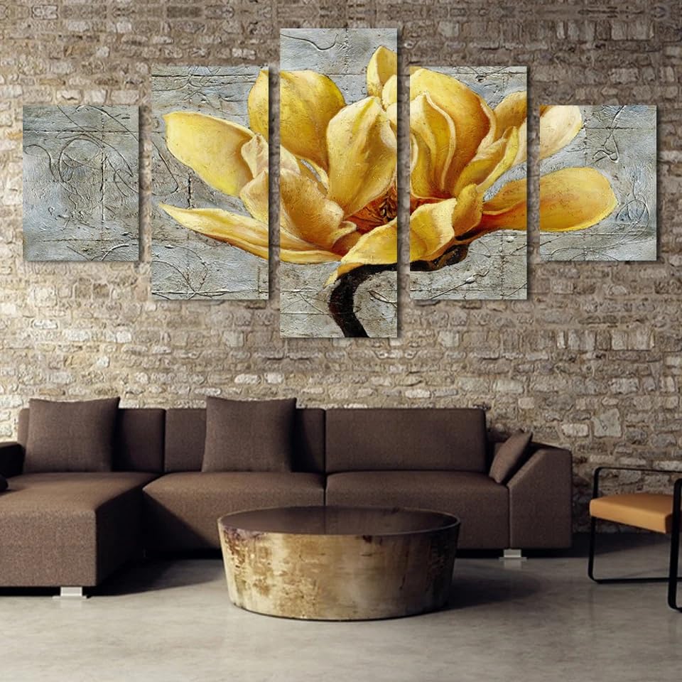 Deco murale salon 5 parties pour habiller un grand mur vide avec cette toile fleur jaune