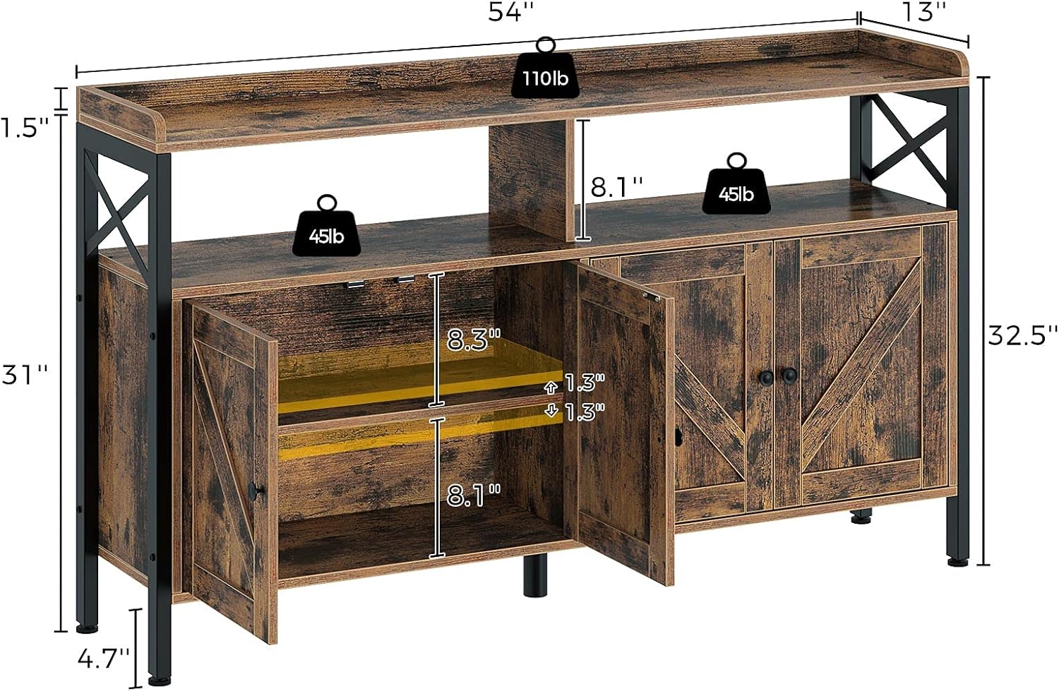 Rolanstar Console Table with Cabinet, Sideboard Buffet with Storage Cabinet and Open Shelf, Sofa Console Table for Entryway, Hallway, Home Kitchen, Living Room, Rustic Brown, 55Inch