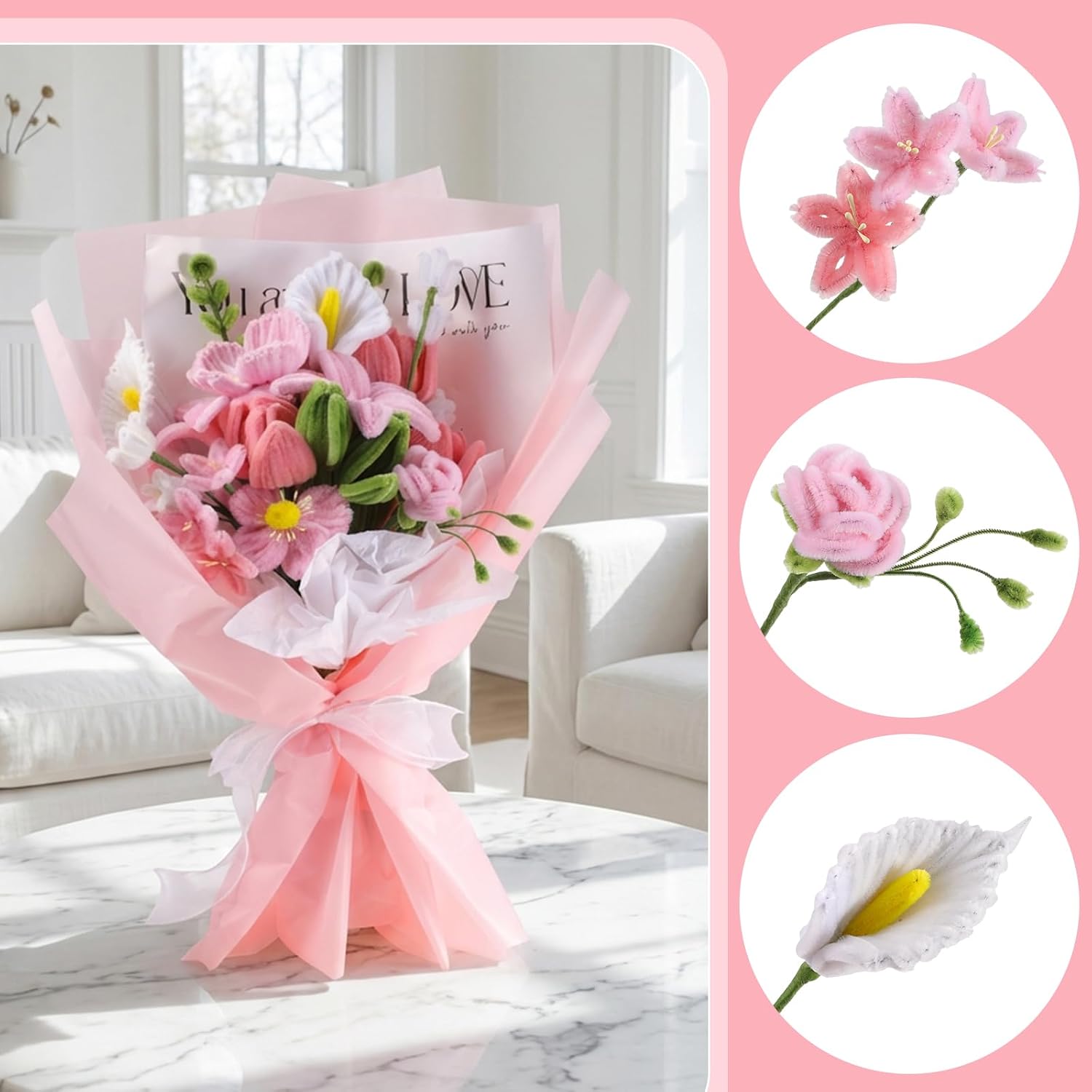 WSICSE 500Pcs Pink Pipe Cleaner Flower Kit, Pipe Cleaners Bulk Chenille Stems with Floral Wires, Gardening Tape,Stamen& Ribbon, Wrapping Paper (6 Colors)