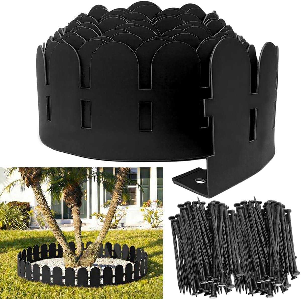 Landscape Edging Borders 5.5IN x 49FT, Garden Edging Border with 75pcs Plastic Spikes, Arched Design Flexible Lawn Edging Without Digging, Landscaping DIY for Tree Flowerbeds Grass Yard -White