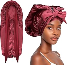 Abeillo Long Satin Bonnet for Women Sleeping, Silk Bonnet Large Hair Cap Silk Hair Bonnets with Tie Band for Braids Curly Hair (Wine Red)