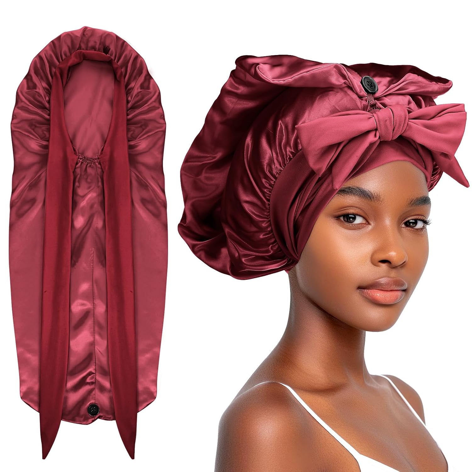 Abeillo Long Satin Bonnet for Women Sleeping, Silk Bonnet Large Hair Cap Silk Bonnets with Tie Band for Braids Curly Hair (Purple)