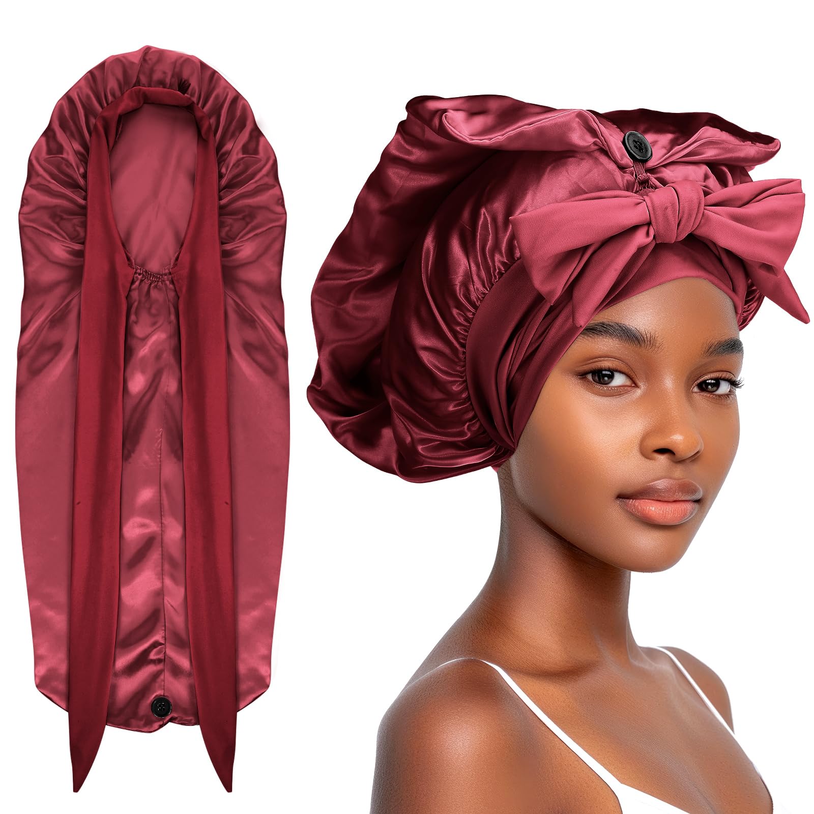 Abeillo Long Satin Bonnet for Women Sleeping Silk Bonnet Large Hair Cap Silk Hair Bonnets with Tie Band for Braids Curly Hair (Wine Red)