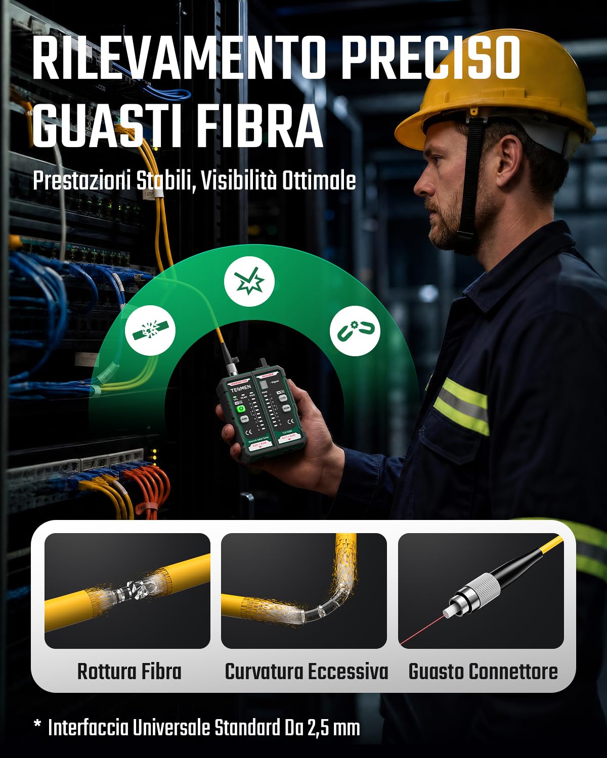 TESMEN TLP-528D Tester rete e misuratore VFL fibra ottica con connettore da 2,5 mm, localizzatore RJ45 Ethernet per CAT5/CAT6 con test di continuità, finder LAN/TEL e riparazioni domestiche