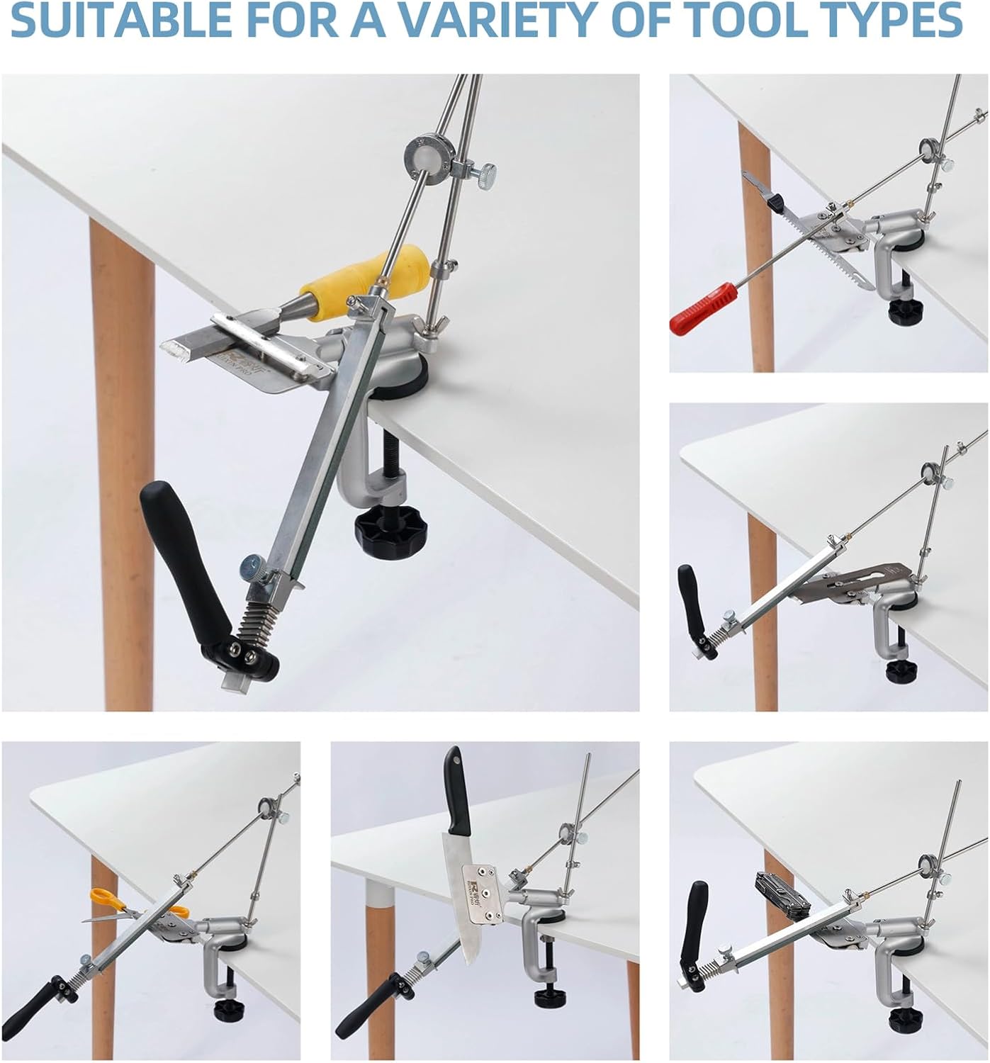Four images demonstrating how to adjust the sharpening angle using a smartphone as an angle finder. Steps include setting the level to zero, adjusting the sharpener to the desired angle, and confirming the angle.