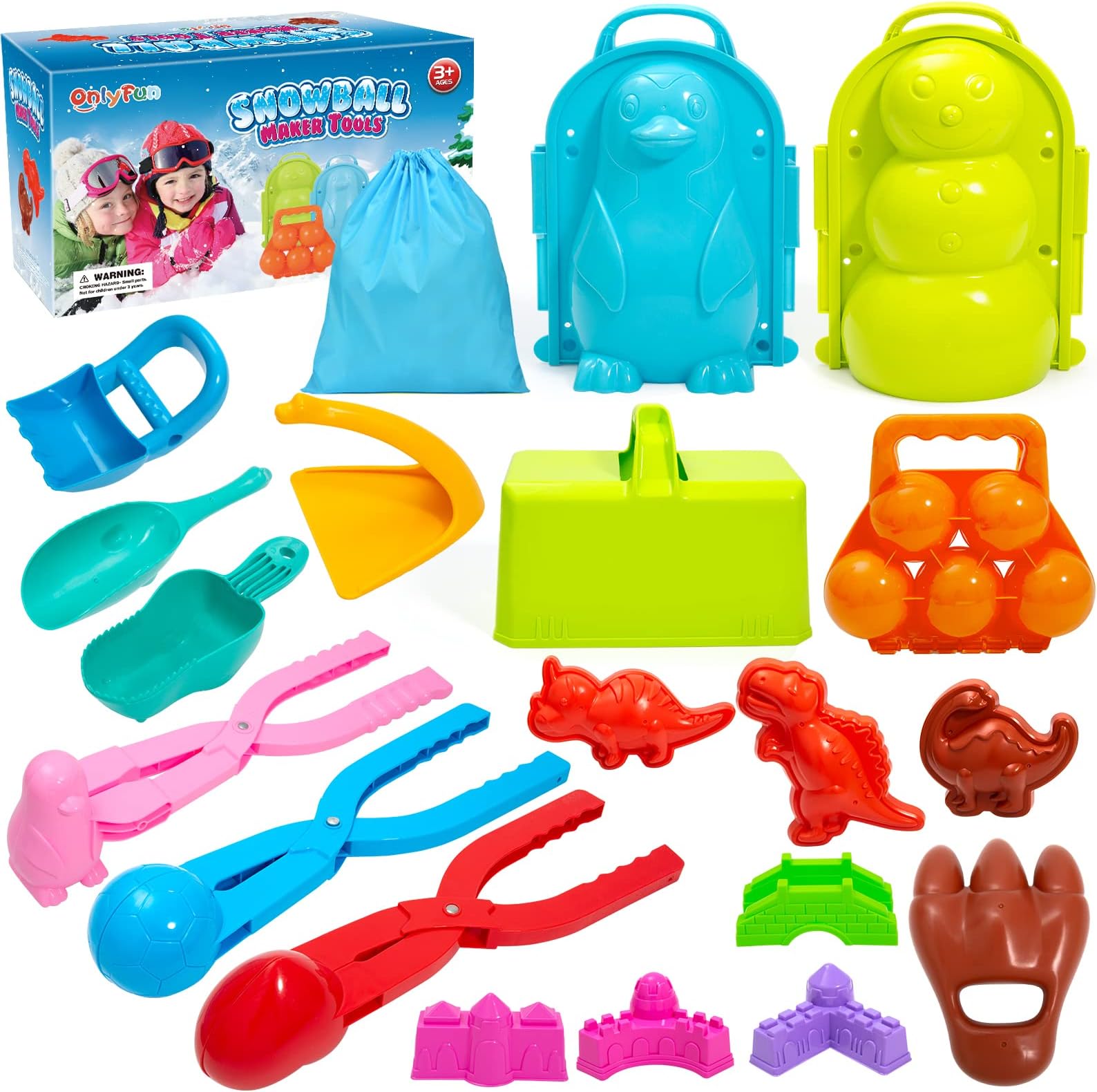 ONLYFUN 20 Pcs Snowball Maker Toys Winter Snow Tool Kit, Winter Outdoor Snow Toys with Carrying Bag, Sand and Snow Toy for Kids Toddlers Adults