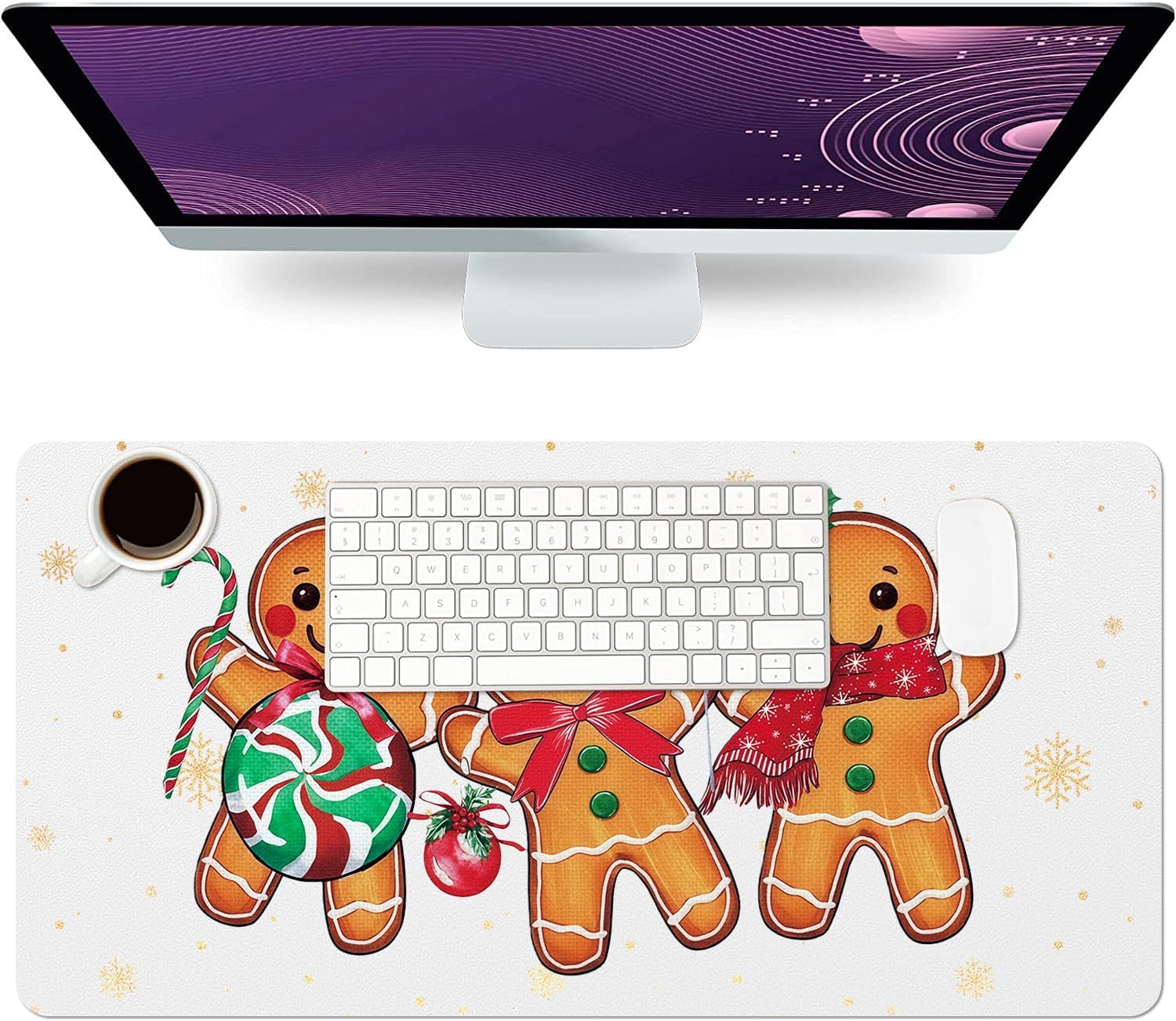 Christmas Mouse Pad PU Leather Gingerbread Man Desk Mat Large Waterproof Gaming Pad Non-Slip Keyboard Mouse Pad Writing Pad for Gamer Office&Home