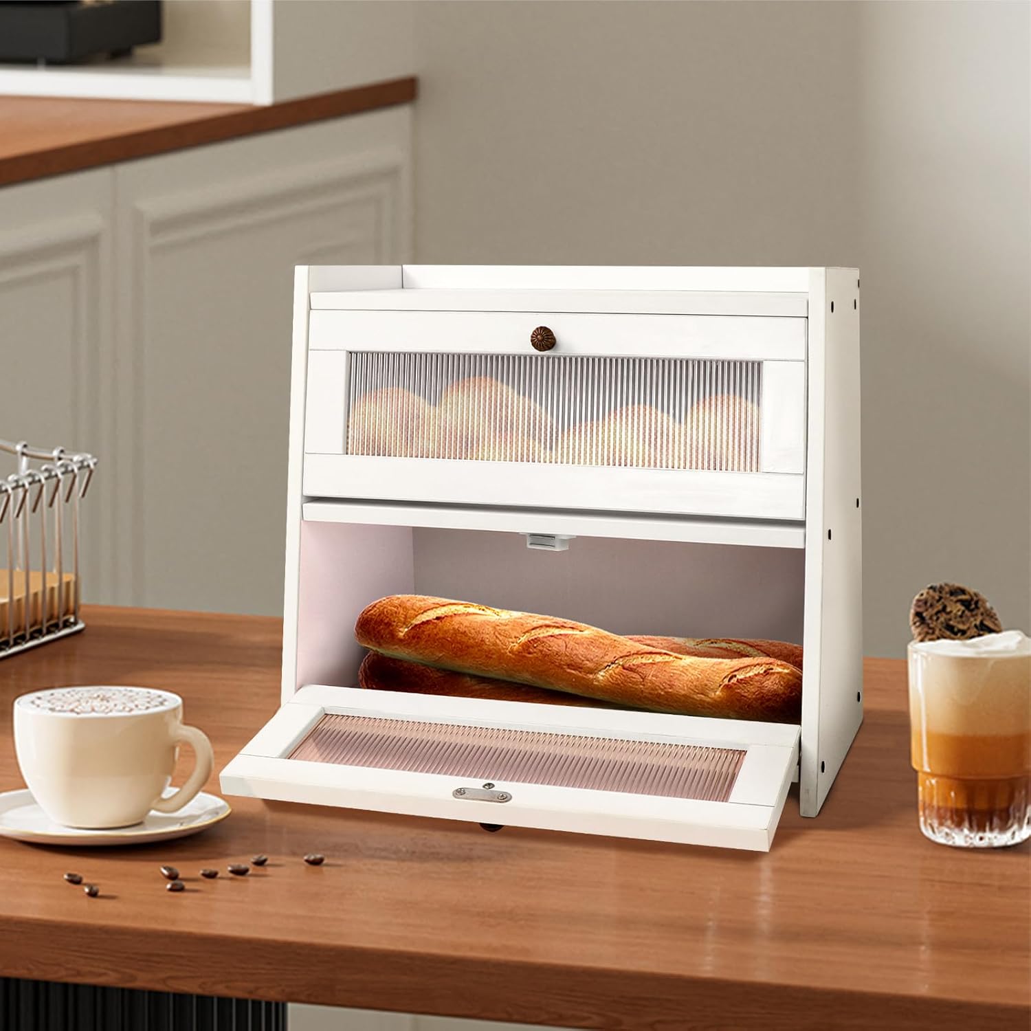 LadyRosian Wooden Bread Box for Kitchen Countertop, Large Bread Storage Container for Homemade Bread, Farmhouse Breadbox Organizer for Pantry, Cupboard, Cabinet, White