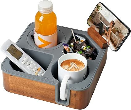 Couch Cup Holder Tray, Acacia Wood Couch Caddy With Cup Holder, Slotting Non-Slip Couch Organizer for Drinks, Snacks Remotes, Rounded Corners & Mug Grey